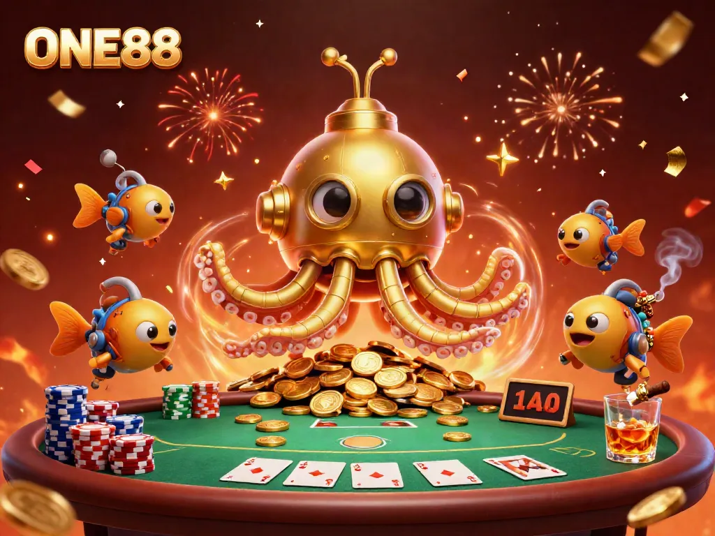 Engage with the thrilling atmosphere of ONE88 casino featuring a kraken submarine amidst poker games.