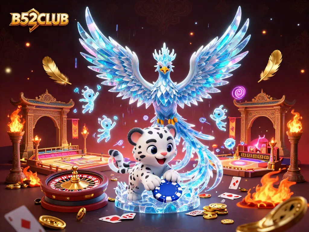 B52CLUB brings together a lively scene with an ice phoenix and glowing sprites at a vibrant casino table.