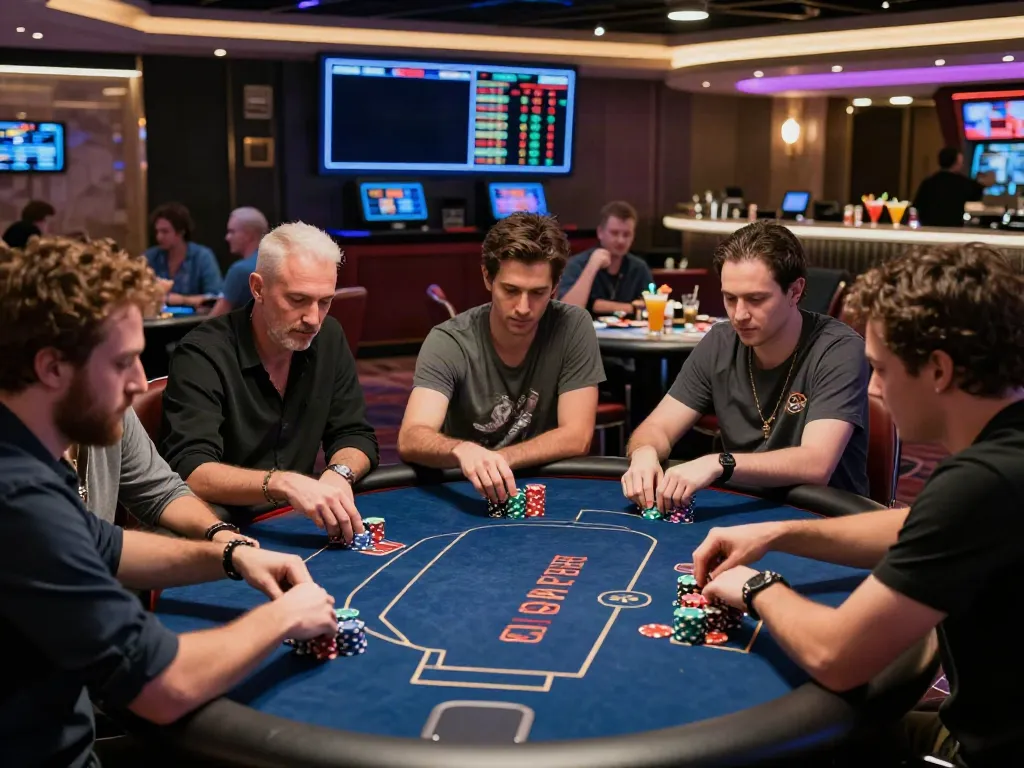 Exciting 9bet online gambling scene with diverse players at a vibrant poker table.