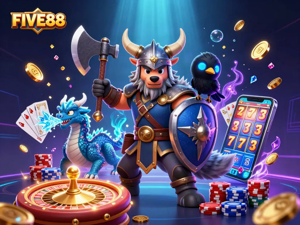 Play casino games with FIVE88, showcasing a Viking warrior, dragon, and treasures in 3D action.