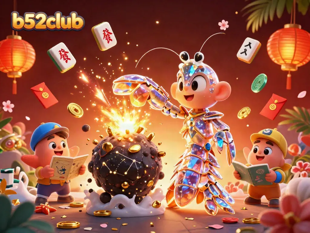 Experience thrilling gaming at b52club with vibrant 3D animation of a galactic shrimp smashing through asteroids.