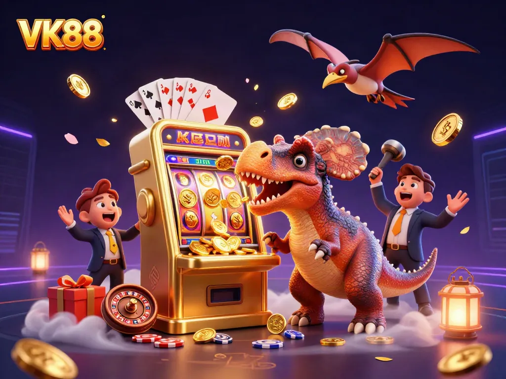 VK88 slot machine bursting with coins while dinosaurs create a lively casino scene.
