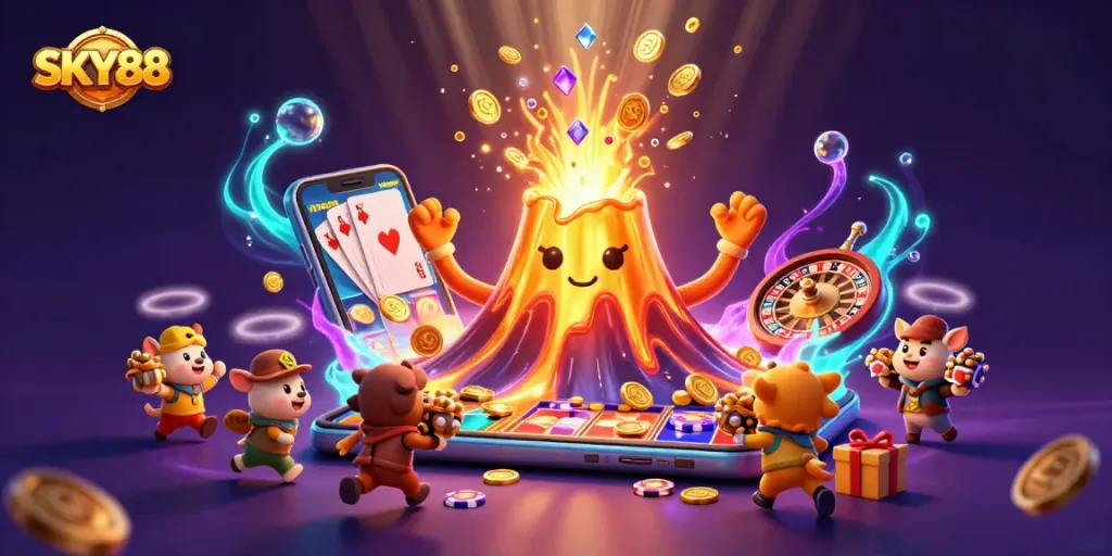 SKY88 ignites excitement with a vibrant scene of a golden volcano erupting treasures amid a thrilling casino atmosphere.