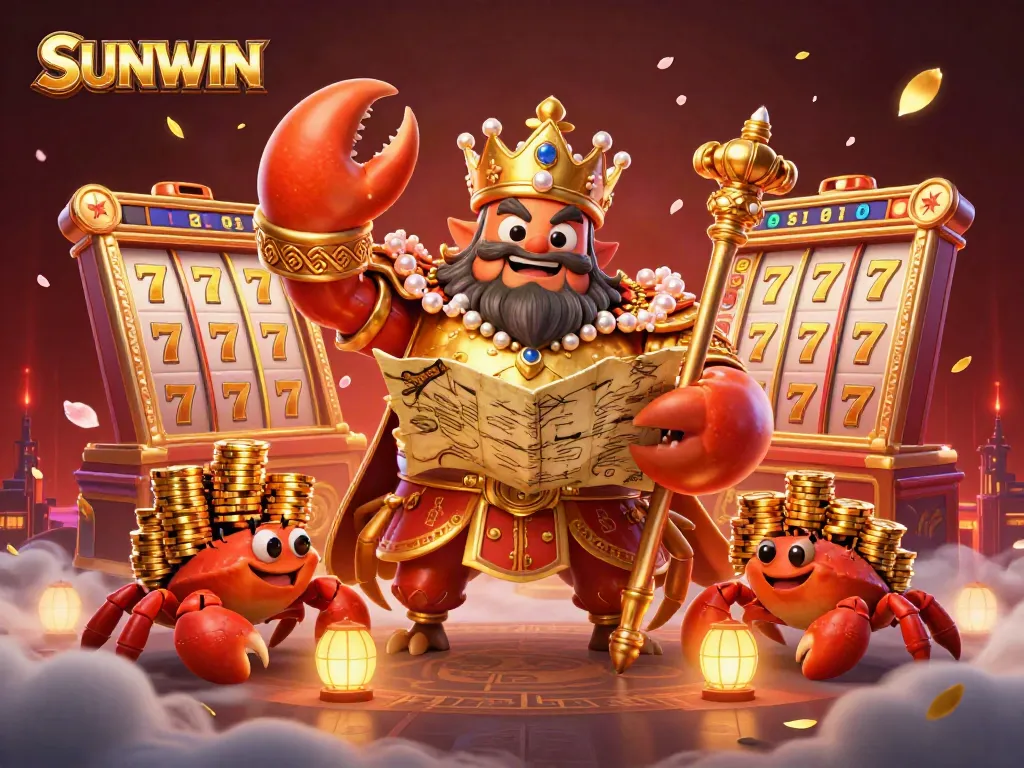 SUNWIN showcases a vibrant scene with a golden crab emperor amidst spinning slot reels and treasure, capturing the essence of casino excitement.
