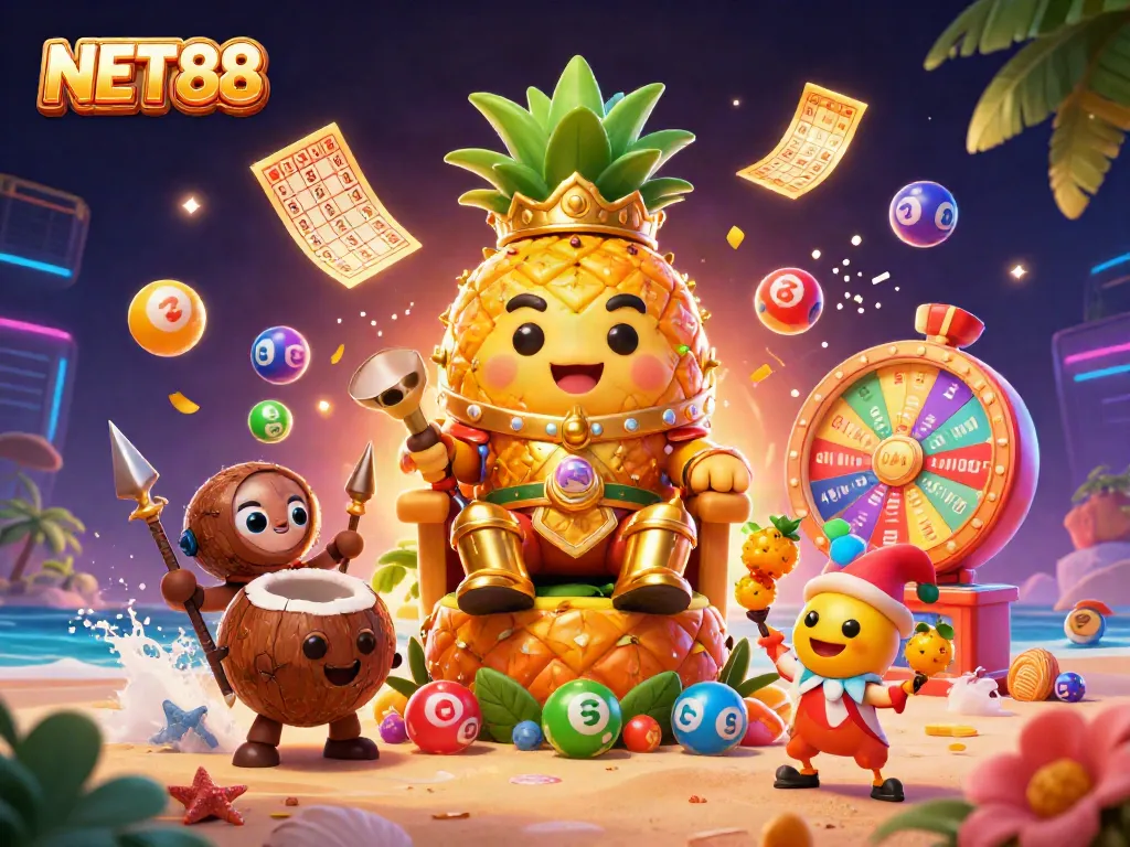 Engage in thrilling games at NET88 with vibrant lottery balls and lively casino characters.