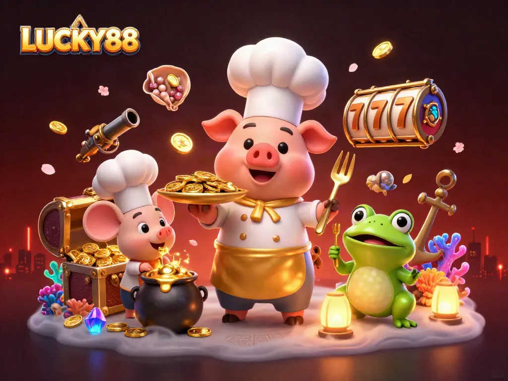 LUCKY88 showcases a vibrant 3D scene of a chef pig serving gold coins, surrounded by colorful gambling elements.