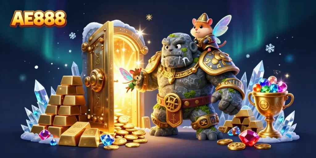 AE888 showcasing a magical casino adventure with vibrant golem guardian and treasures bursting with glitter.