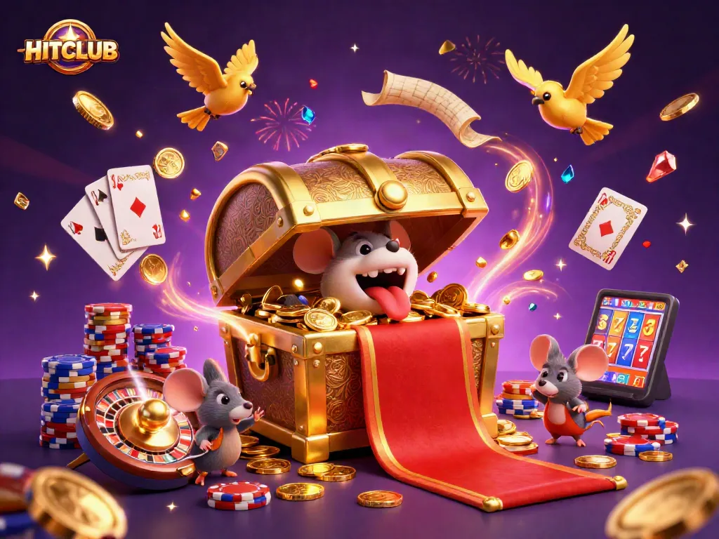 Experience HITCLUB's thrilling gaming world with vibrant treasures and games flying around!