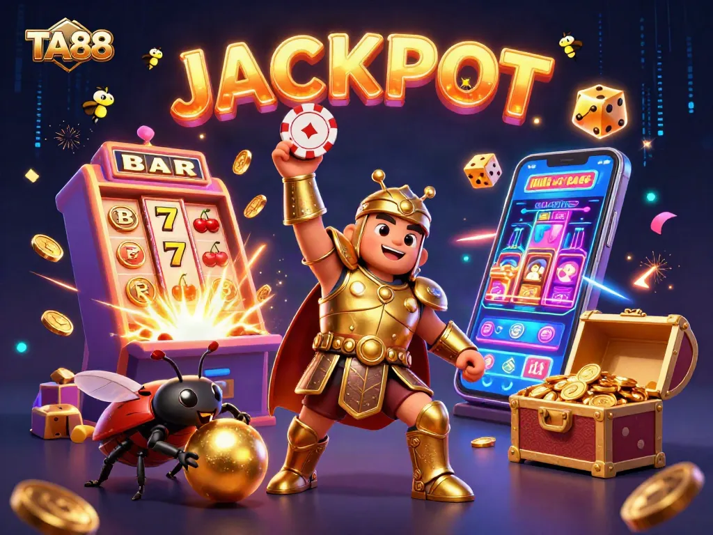 Experience TA88 with a victorious hercules beetle celebrating a jackpot in a vibrant casino scene.