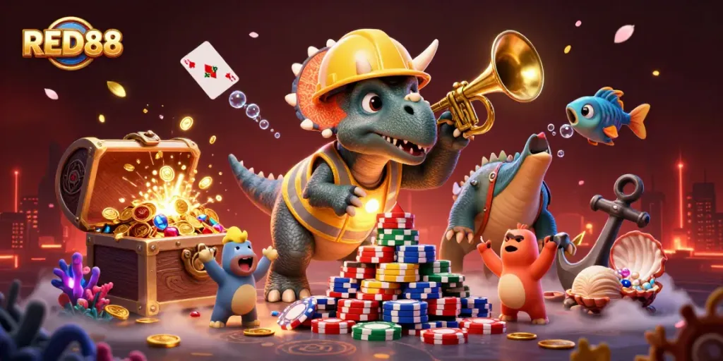 Join the excitement at RED88 with cartoon dinosaurs building poker chips and treasure in a vibrant casino scene.