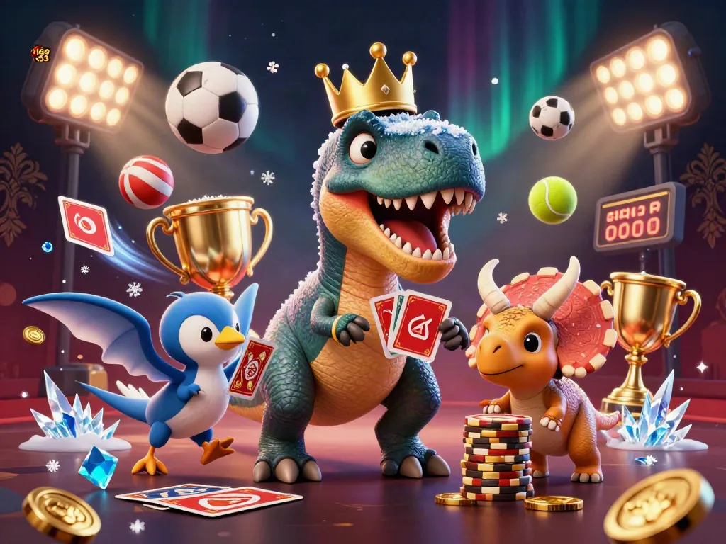 Engage in exciting gameplay at kèo nhà cái 55 with a dynamic illustration depicting friendly dinosaur characters shuffling cards and stacking chips.