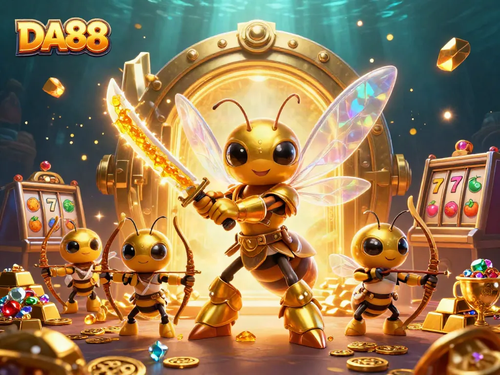 Experience the thrill of DA88 with vibrant slot symbols and golden treasures illuminating the scene.