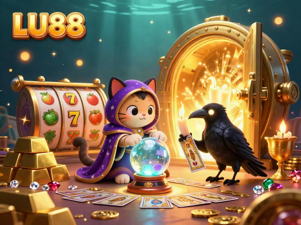 Engage with LU88’s immersive online slots experience surrounded by fortune teller characters and glowing treasures.