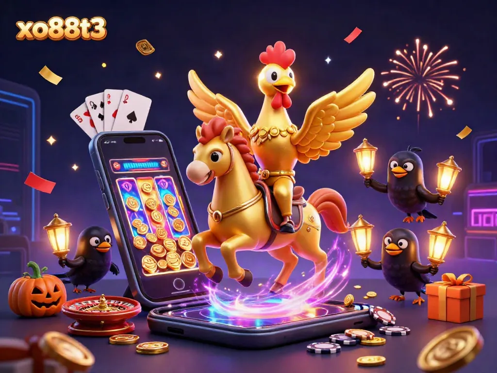 Experience the excitement of xo88t3 with a golden rooster character in a vibrant casino setting.