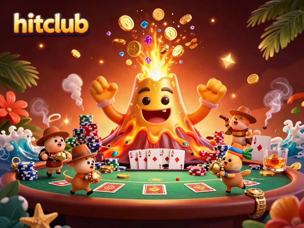 Experience thrilling gameplay at hitclub, featuring a golden volcano erupting coins and treasure in a vibrant casino setting.