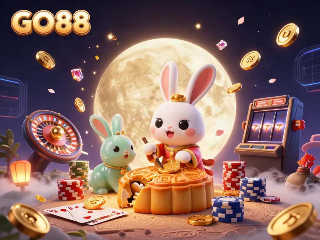Experience the excitement of GO88 as the moon rabbit unveils poker chips and golden treasures in a dynamic casino scene.