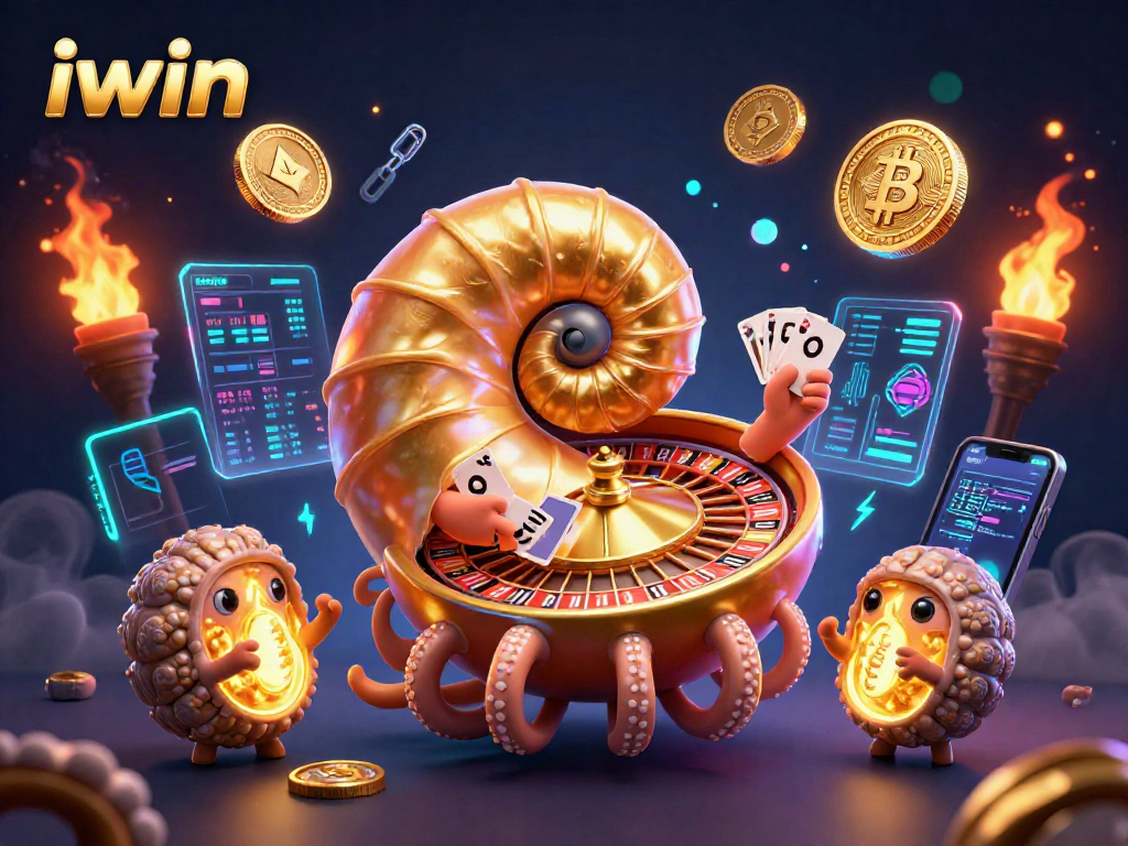 iwin's colorful 3D nautilus and ammonite creatures spinning a roulette wheel in a vibrant crypto casino.