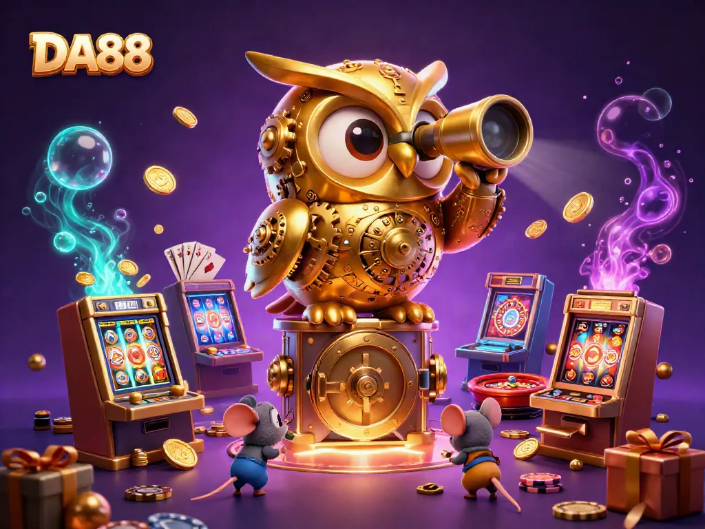 DA88 offers an enchanting casino experience with a golden owl overseeing vibrant slot games.
