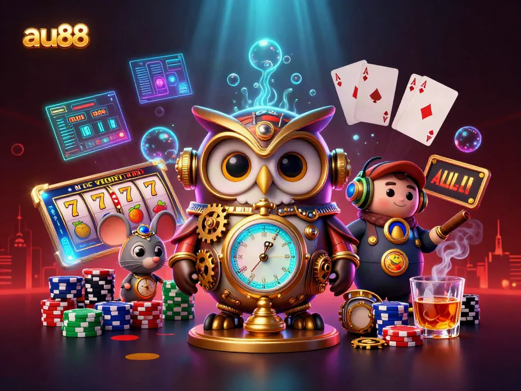 Engage in thrilling jackpots with au88's vibrant casino scene featuring a time-traveler owl.