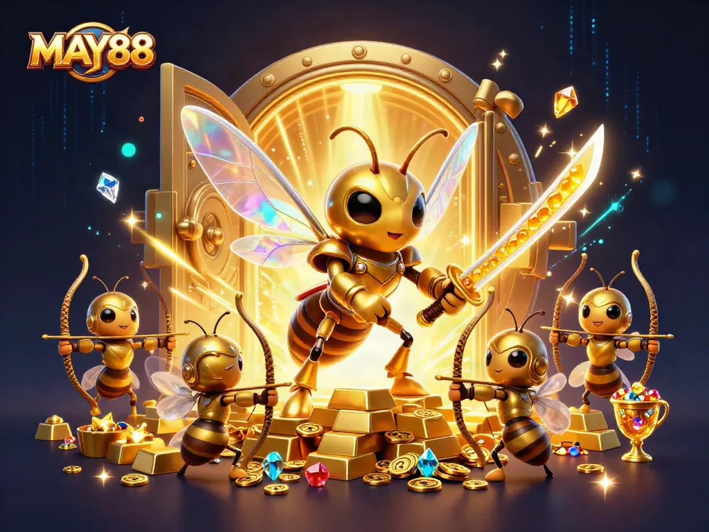 MAY88 offers thrilling gaming adventures with a dynamic 3D illustration featuring samurai hornet and treasure.