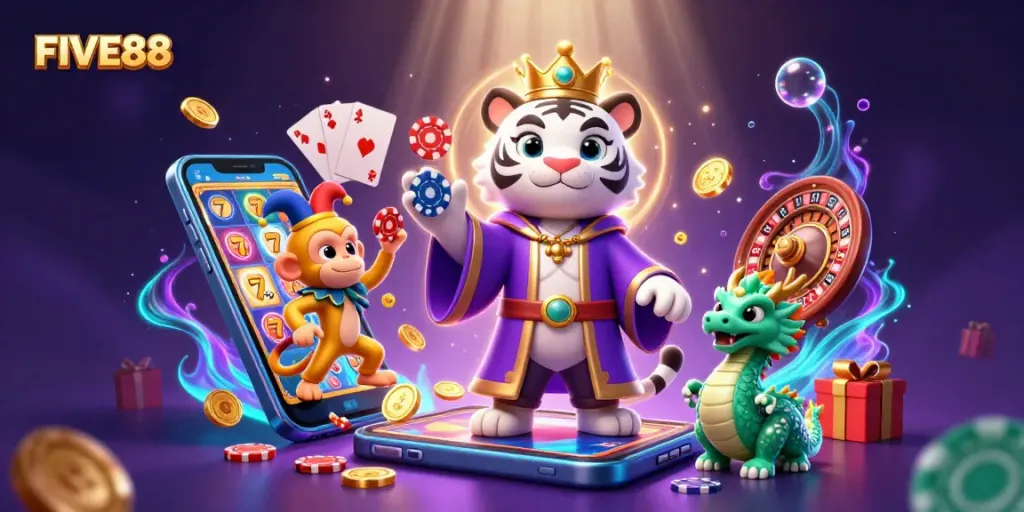 Engage with FIVE88's vibrant online casino world featuring a white tiger, golden monkey, and jade dragon amidst games.