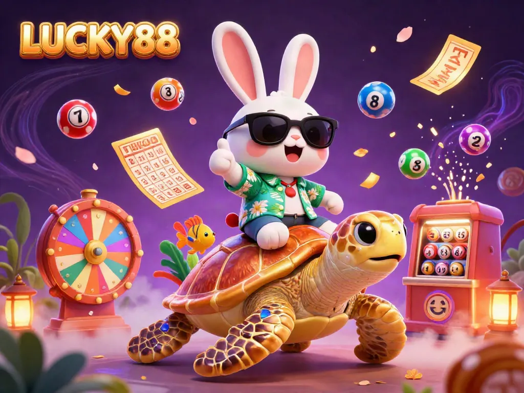 LUCKY88 inspires joy as a lucky rabbit celebrates winning with a golden sea turtle surrounded by vibrant lottery elements.