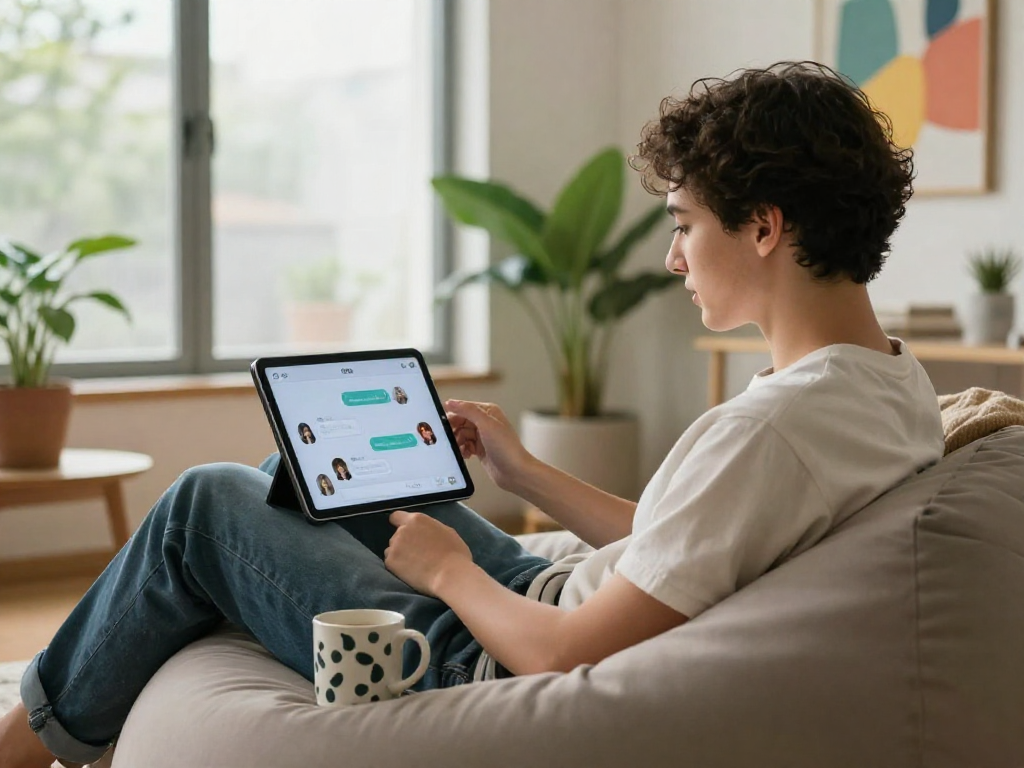 Engaging in porn ai chat on a tablet in a cozy home setting with vibrant decor.