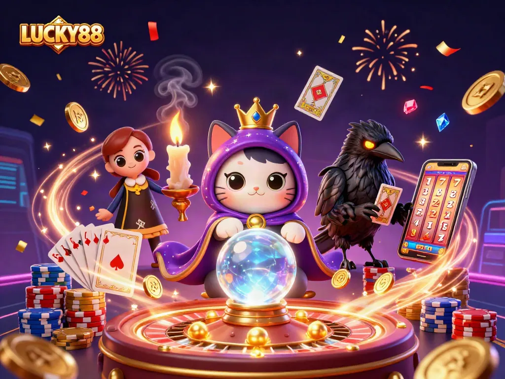 LUCKY88 offers a vibrant casino experience highlighted by a mystical cat fortune teller and dynamic elements.