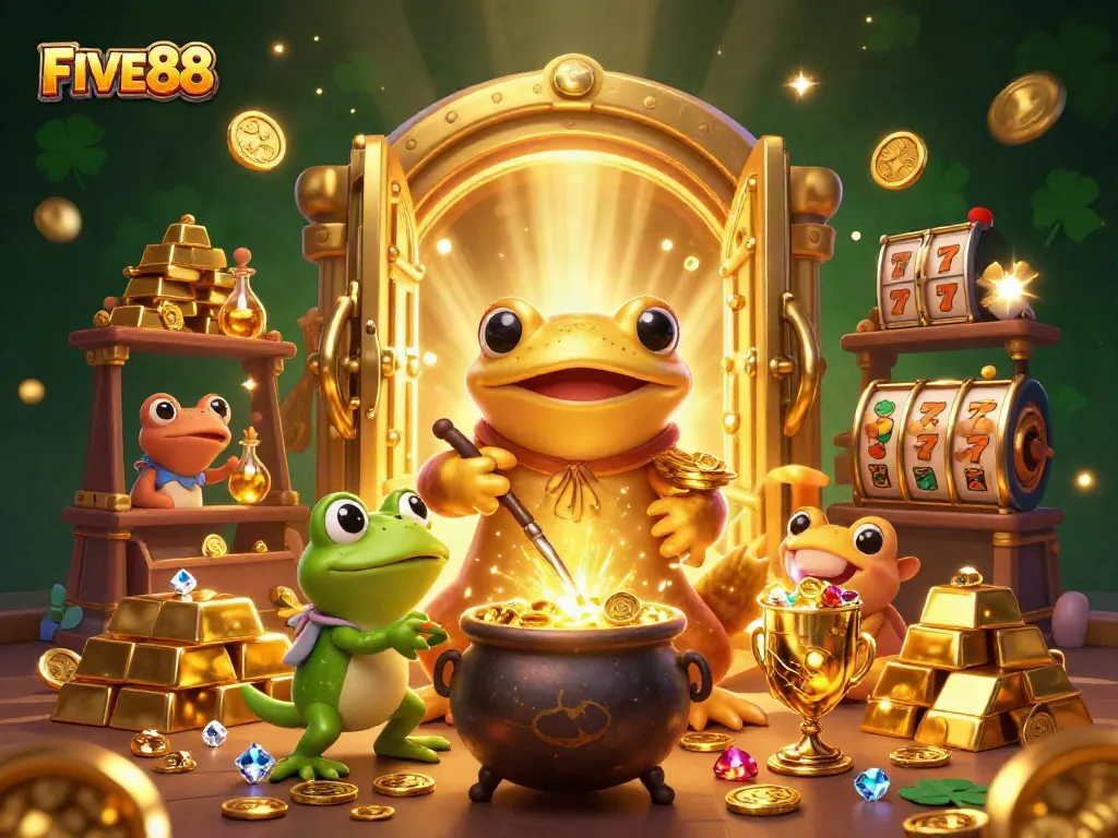 Experience FIVE88's magical casino world of golden coins and thrilling games in this vibrant 3D illustration.