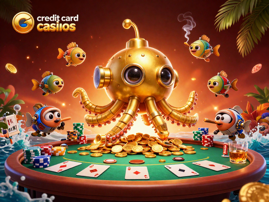 Engage with thrilling action at credit card casinos with a golden kraken and poker elements.