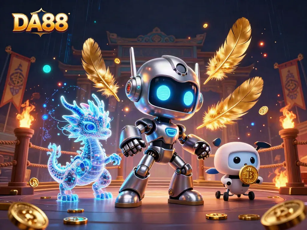 Engage with DA88's electrifying casino experience featuring a robotic mascot, AI dragon, and bitcoin-themed drone.