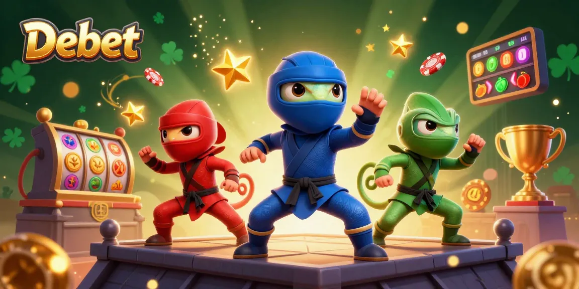 Experience thrilling gameplay at Debet with a lively scene featuring synchronized ninja chameleons and dynamic casino elements.