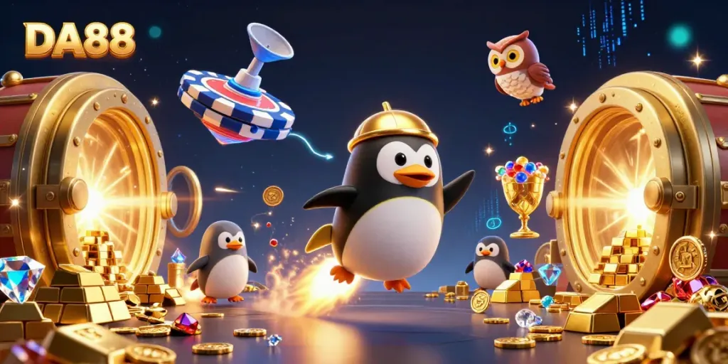 Experience the thrill of DA88 gaming with golden treasures and vibrant casino elements in 3D glory.