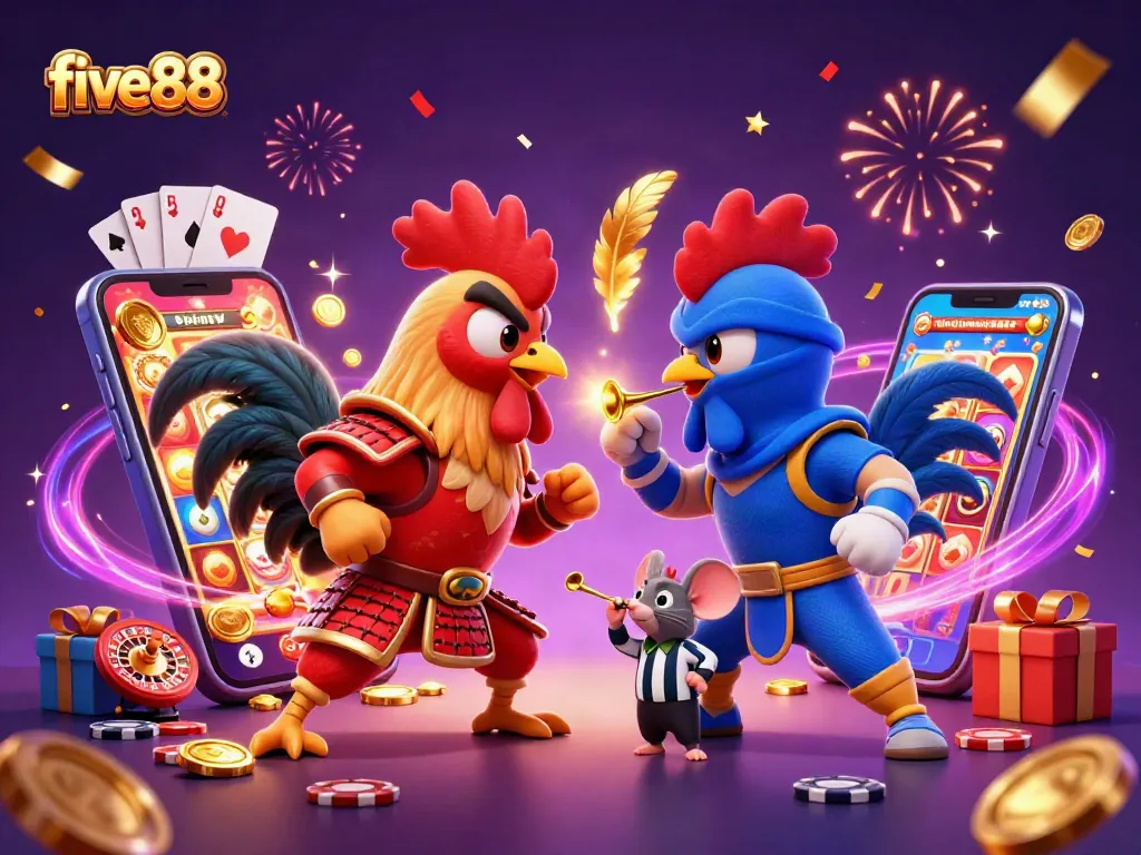 Engage in thrilling action with five88 casino's dynamic rooster showdown alongside gambling excitement.