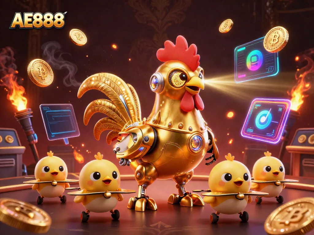 Experience AE888's vibrant casino world with a futuristic golden rooster robot and playful chick drones.