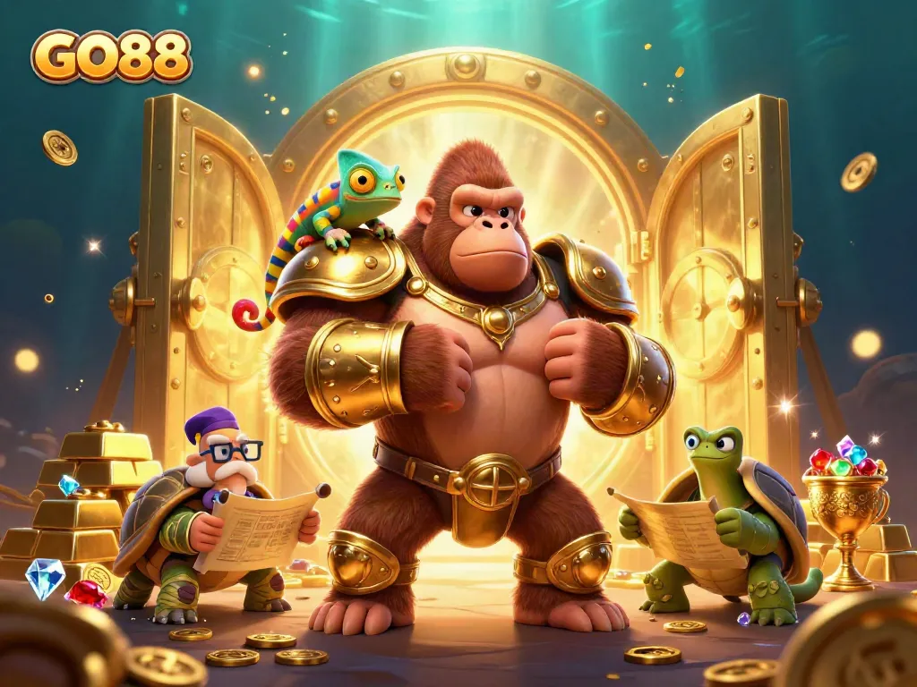 Experience excitement at GO88 with a 3D illustration featuring vibrant game elements, jewels, and engaging characters.