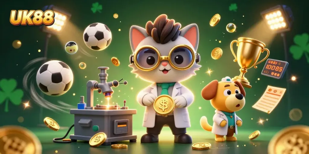 Experience the excitement of UK88 with a 3D mad scientist cat creating wealth amidst vibrant sports elements.