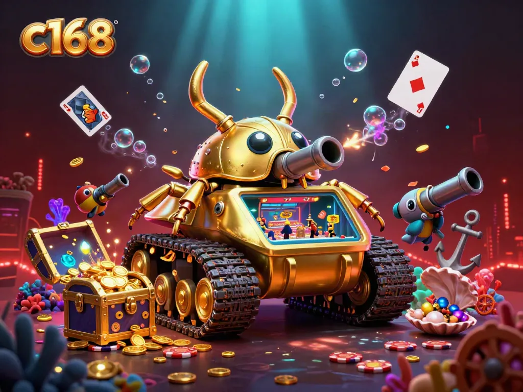 Engage with c168's vibrant gaming atmosphere featuring a golden beetle tank with a miniature casino involved in thrilling action.