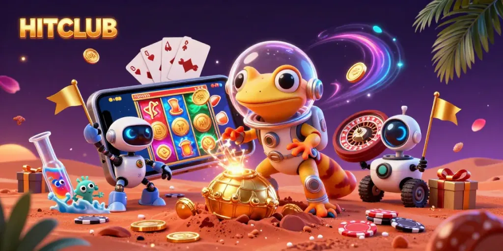 HITCLUB players experiencing thrilling casino games amidst alien cheers and golden wonders