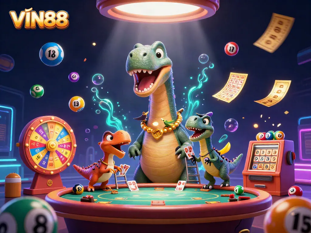 Engage in VIN88's vibrant casino scene with a playful brontosaurus and clever raptor.