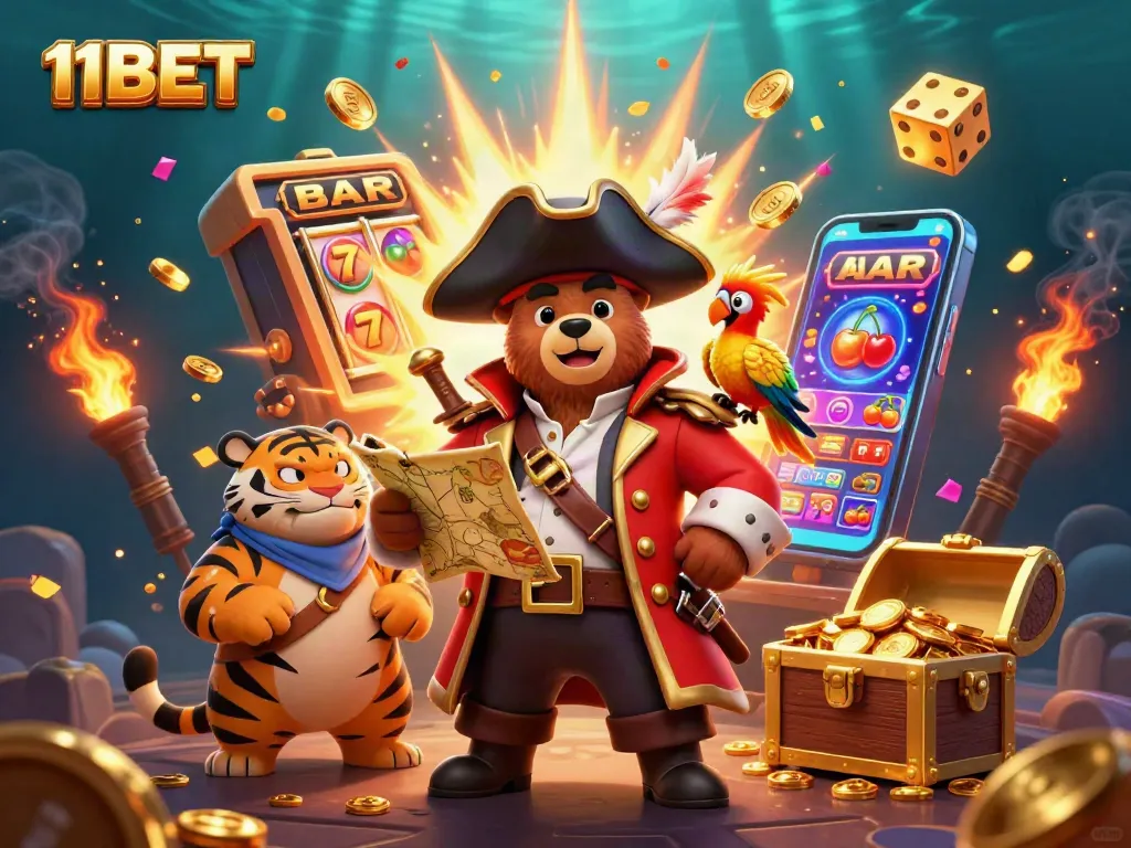 11BET captures the thrill of online gaming with a vibrant casino scene featuring a pirate bear, tiger, and golden treasures.