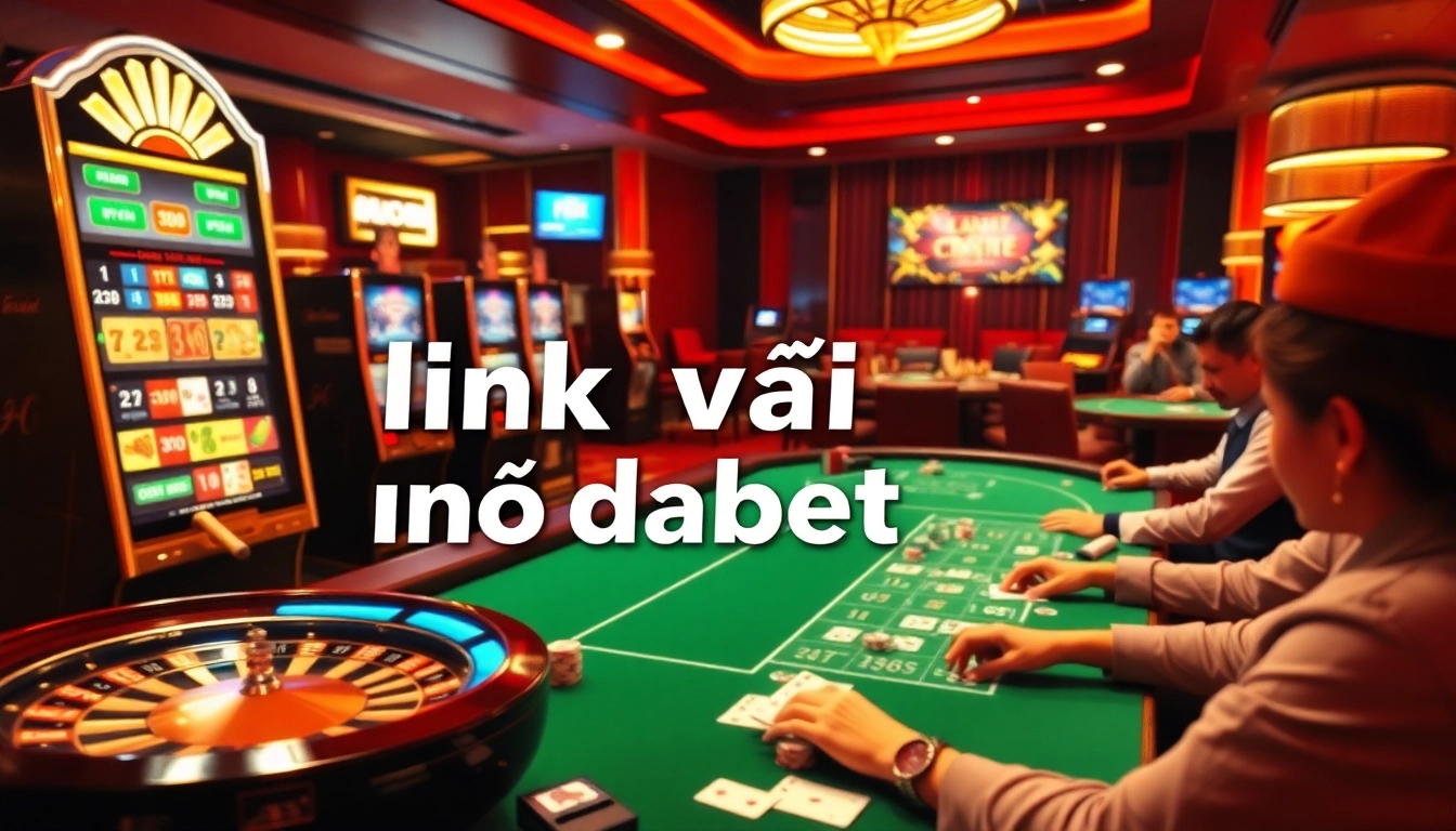 Experience the excitement of online gambling with link vào dabet, featuring vibrant slot machines and a roulette wheel.
