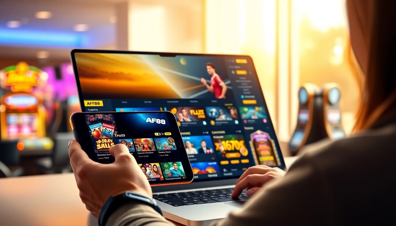 AF88 online betting platform interface showcasing mobile and desktop engagement with vibrant colors.