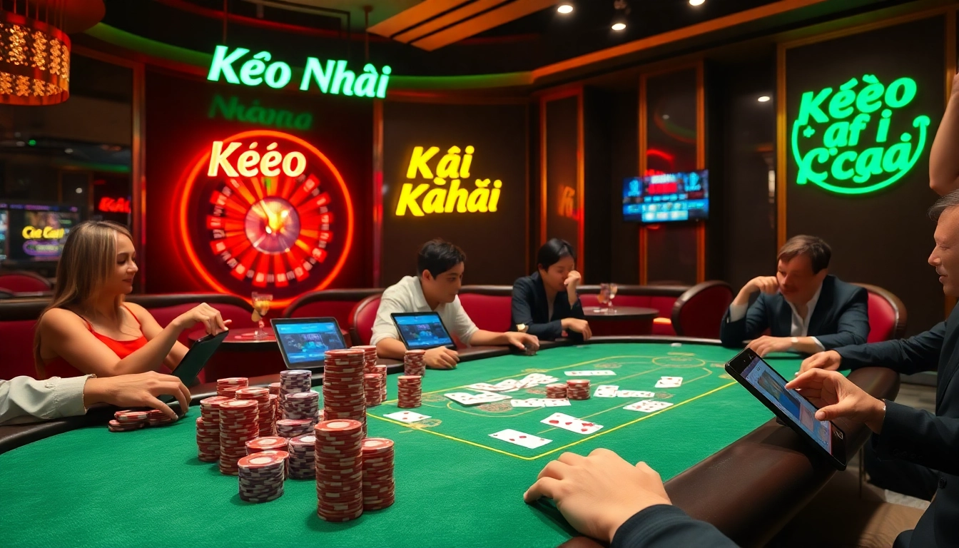 Kèo nhà cái betting excitement with players at a luxurious poker table in a vibrant casino.