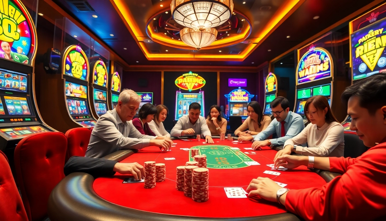 RR88 poker players engaging at a high-stakes table in a vibrant casino setting.