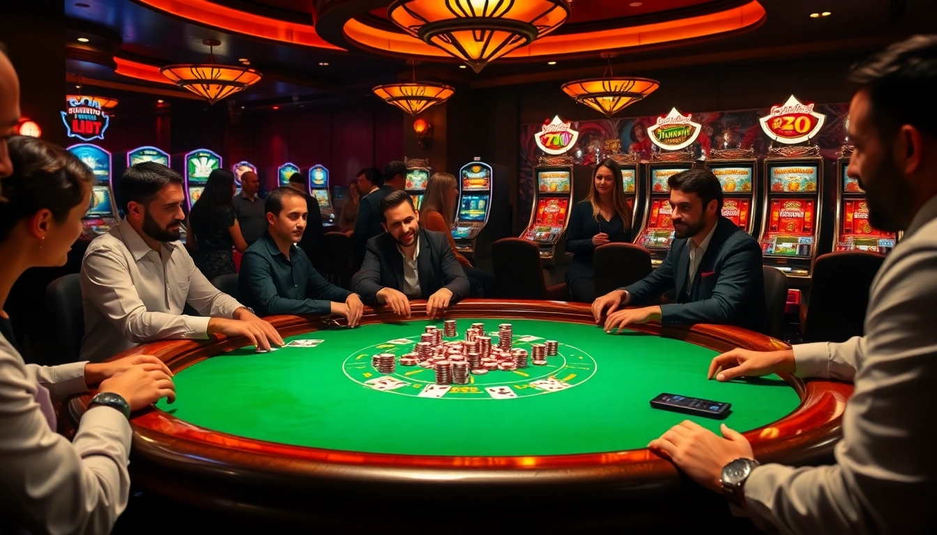 Players enjoy a thrilling poker game at a doaslot casino table, enveloped in an exciting atmosphere.