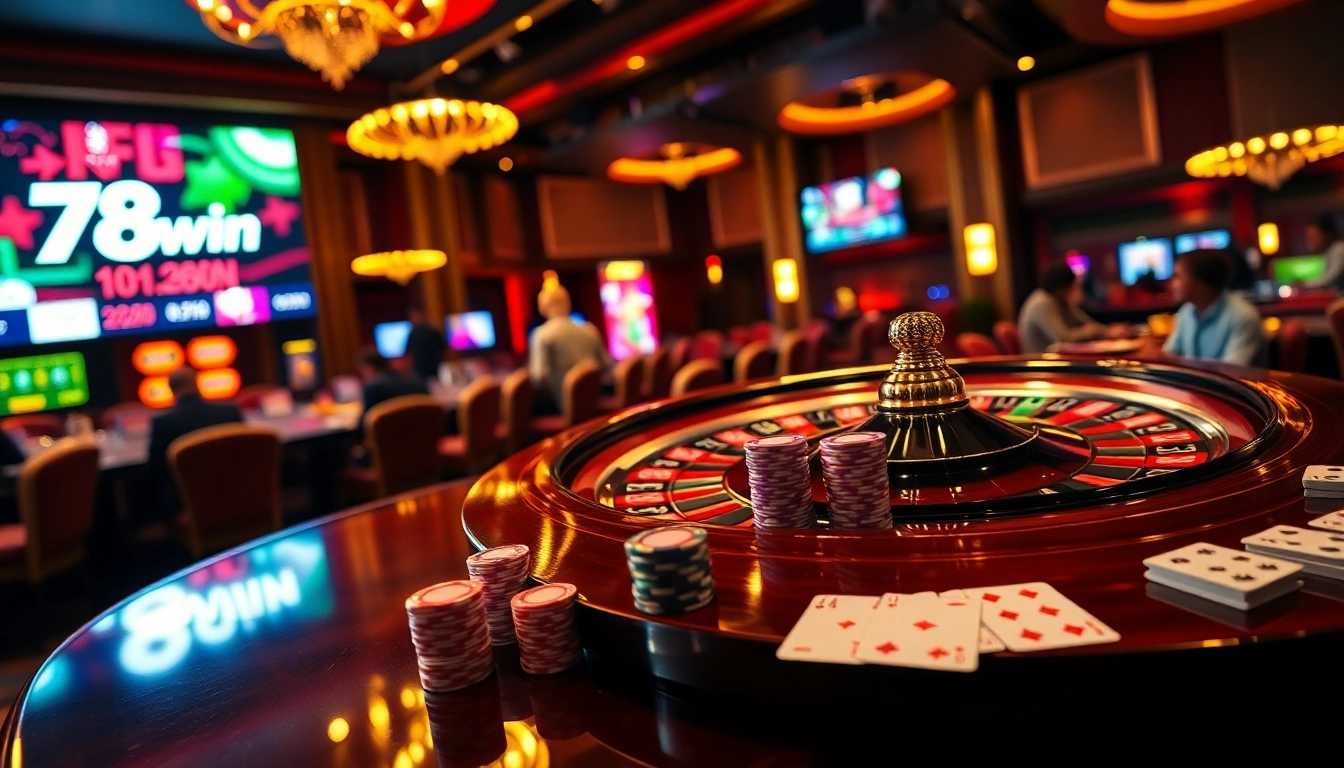 Engaging players at a vibrant table displaying 78win's logo, showcasing roulette and poker excitement.