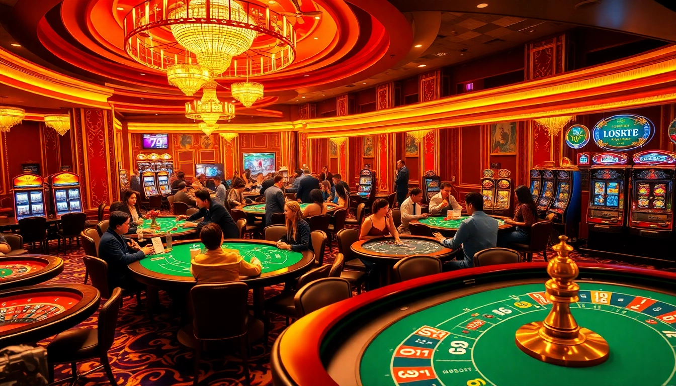 Exciting gameplay at trang chủ 89bet with players at poker and roulette tables in a luxurious casino.
