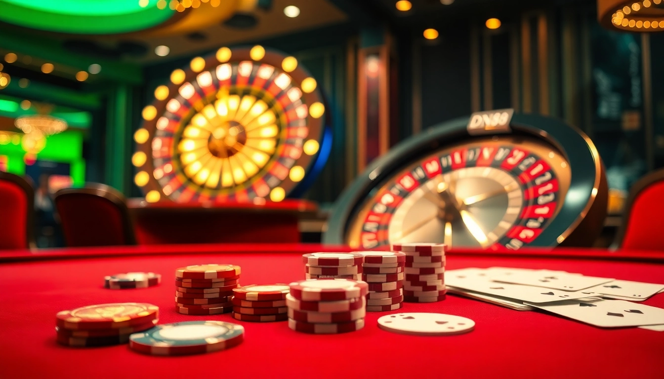 High-stakes poker table with DN88 chips and cards amidst vibrant casino excitement.