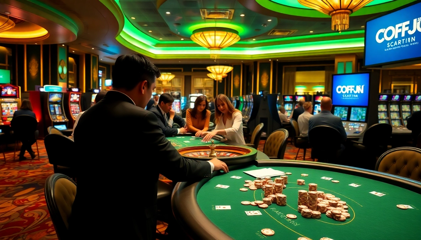 Engaging gambling scene at OKFUN casino with vibrant slots and poker action.